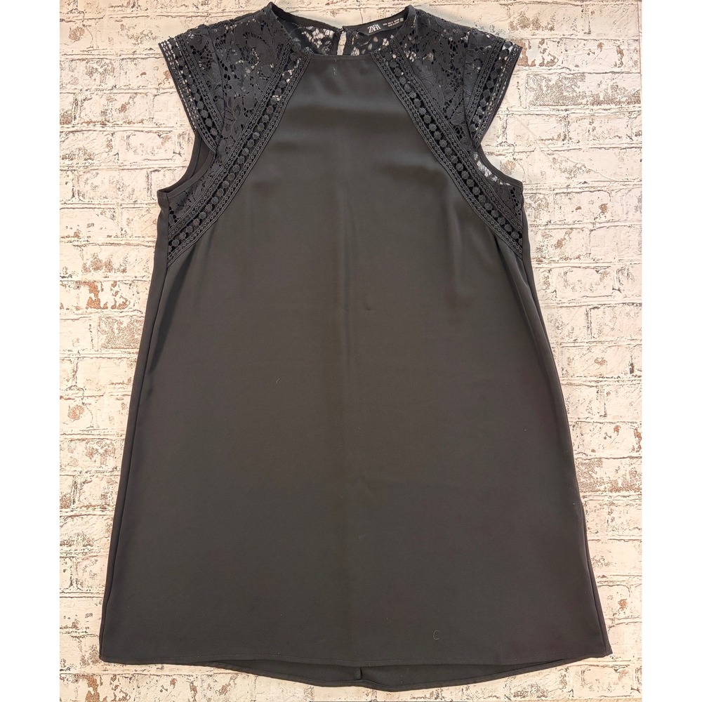Zara Black Lace Trim Shift Dress Womens‎ Small Sleeveless Crochet Mini Dress